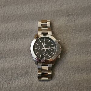 Fossil Black Dial Silver Band Watch